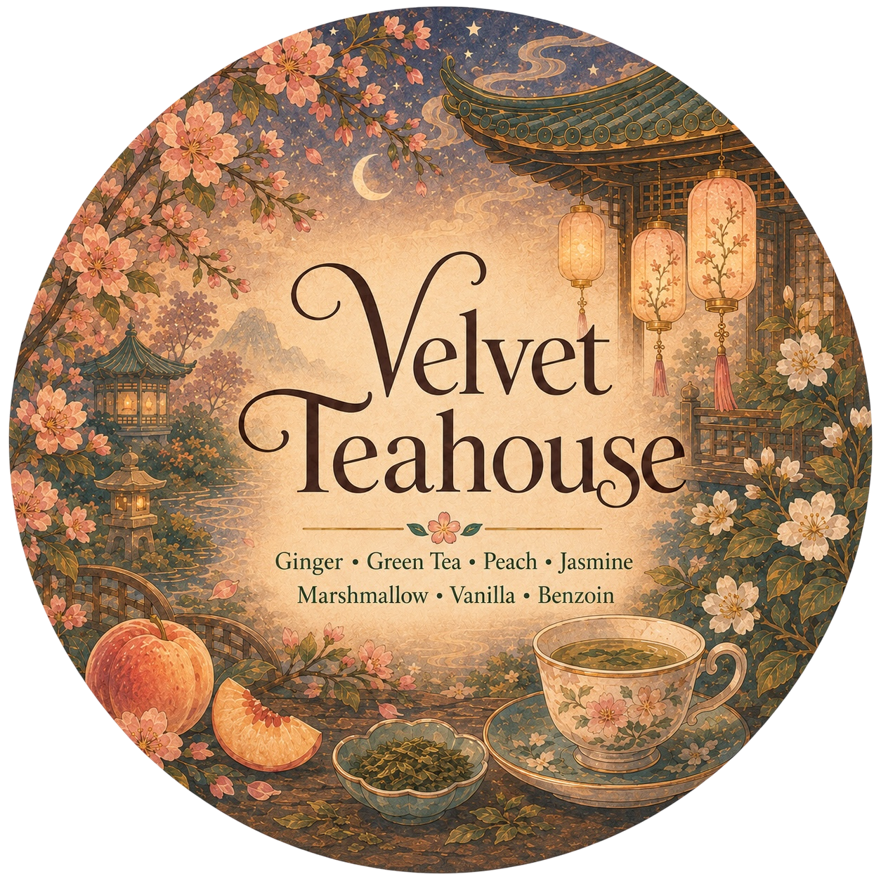 Velvet Teahouse - Charming Cheshires, Ginger, Green Tea, Peach, Jasmine, Marshmallow, Vanilla, Benzoin