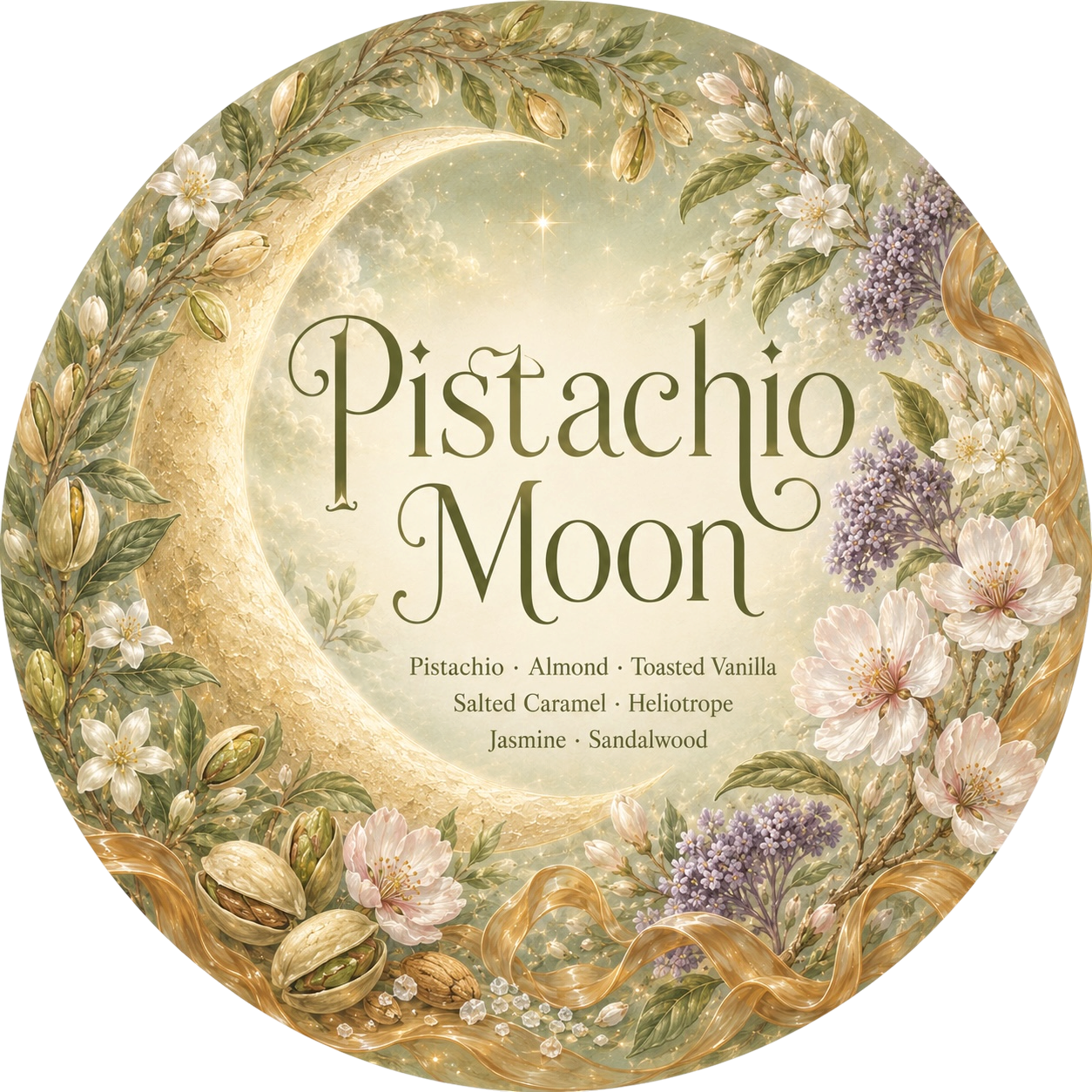 Pistachio Moon - Charming Cheshires, Pistachio, Almond, Toasted Vanilla, Salted Caramel, Heliotrope, Jasmine, Sandalwood