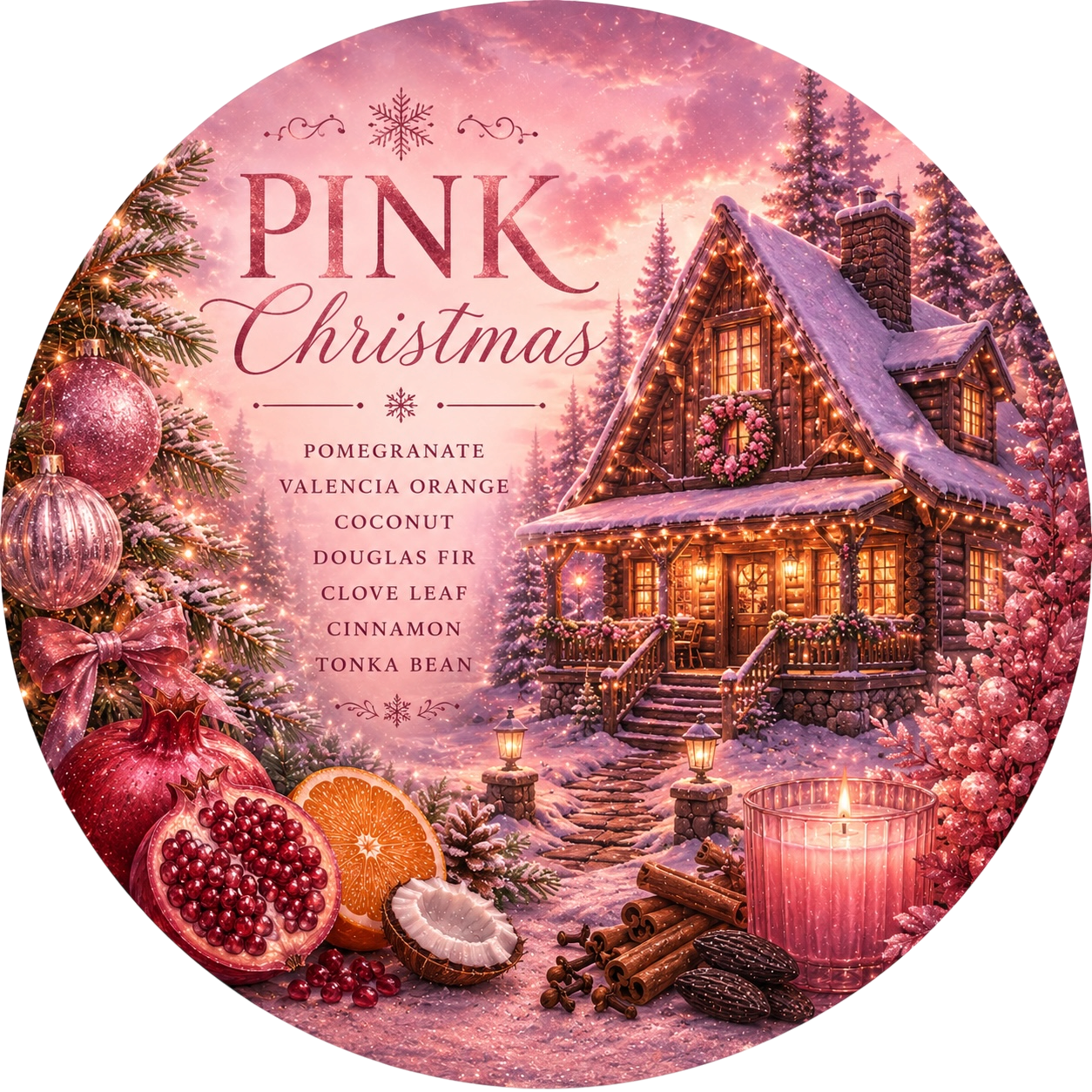 Pink Christmas - Charming Cheshires, pomegranate, valencia orange, coconut, douglas fir, clove leaf, cinnamon, tonka bean