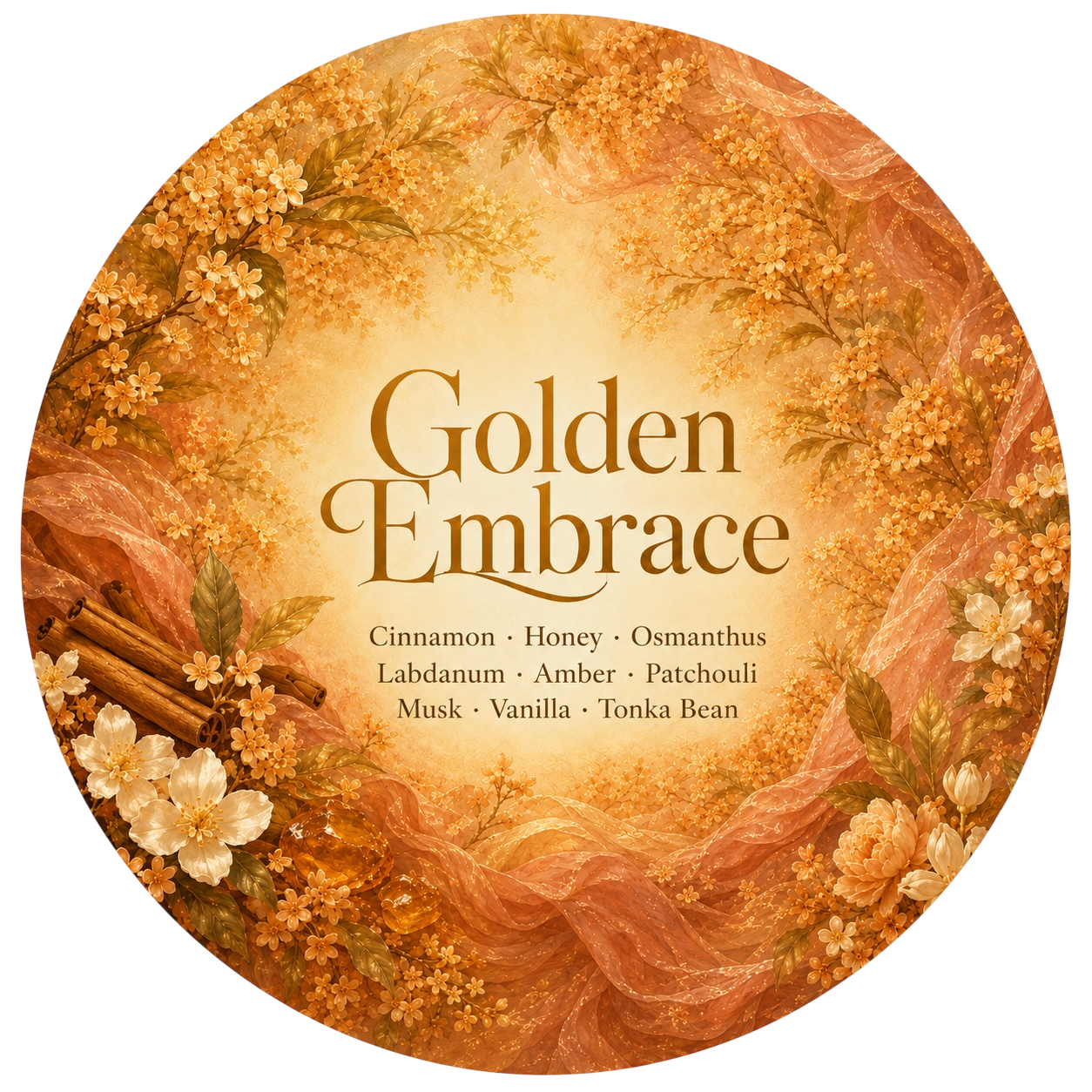 Golden Embrace - Charming Cheshires, Cinnamon, Honey, Osmanthus, Labdanum, Amber, Patchouli, Musk, Vanilla, Tonka Bean