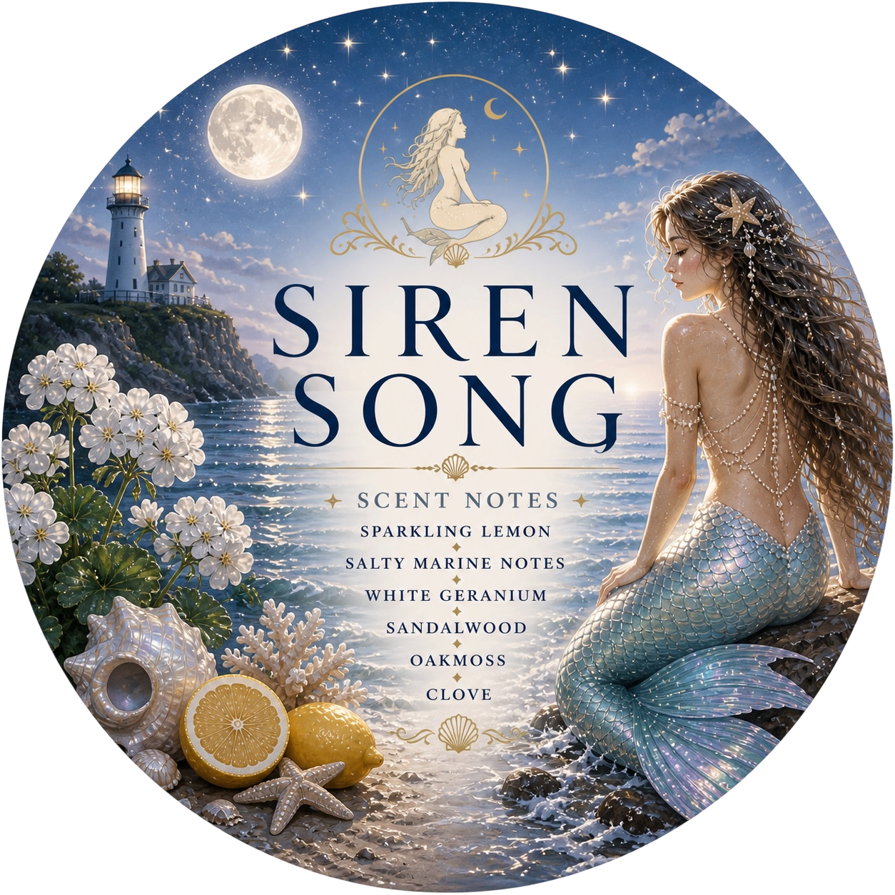 Siren Song - Charming Cheshires, Sparkling Lemon, Salty Marine Notes, White Geranium, Sandalwood, Oakmoss, Clove