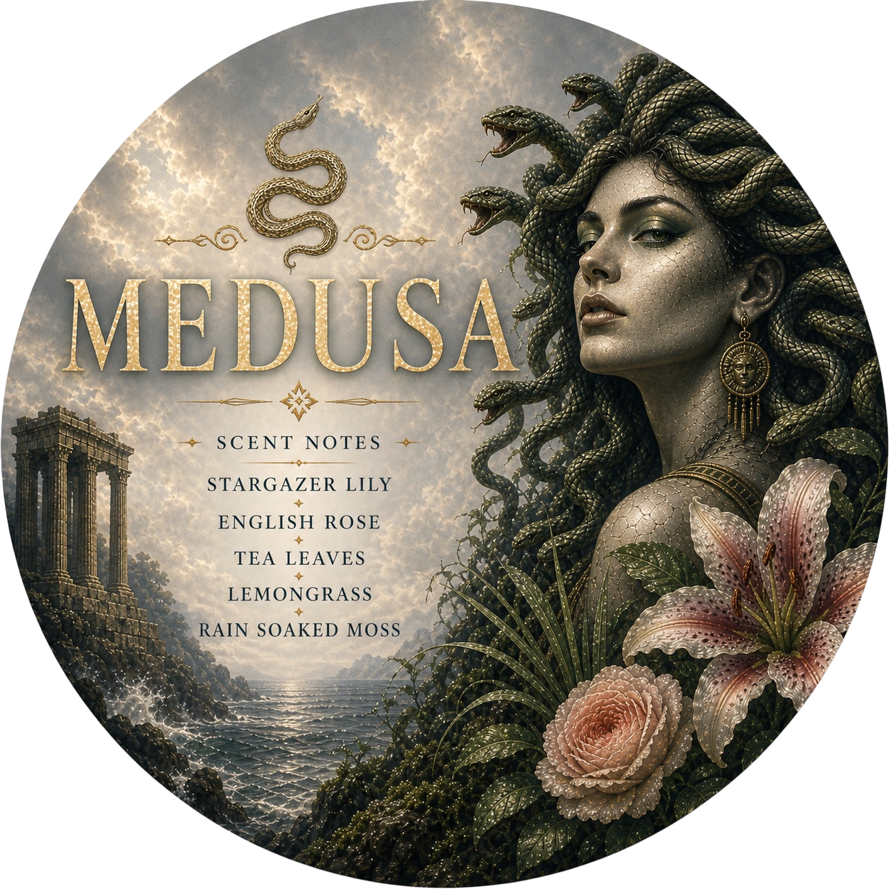 Medusa - Charming Cheshires, Stargazer Lily, English Rose, Tea Leaves, Lemongrass, Rain Soaked Moss