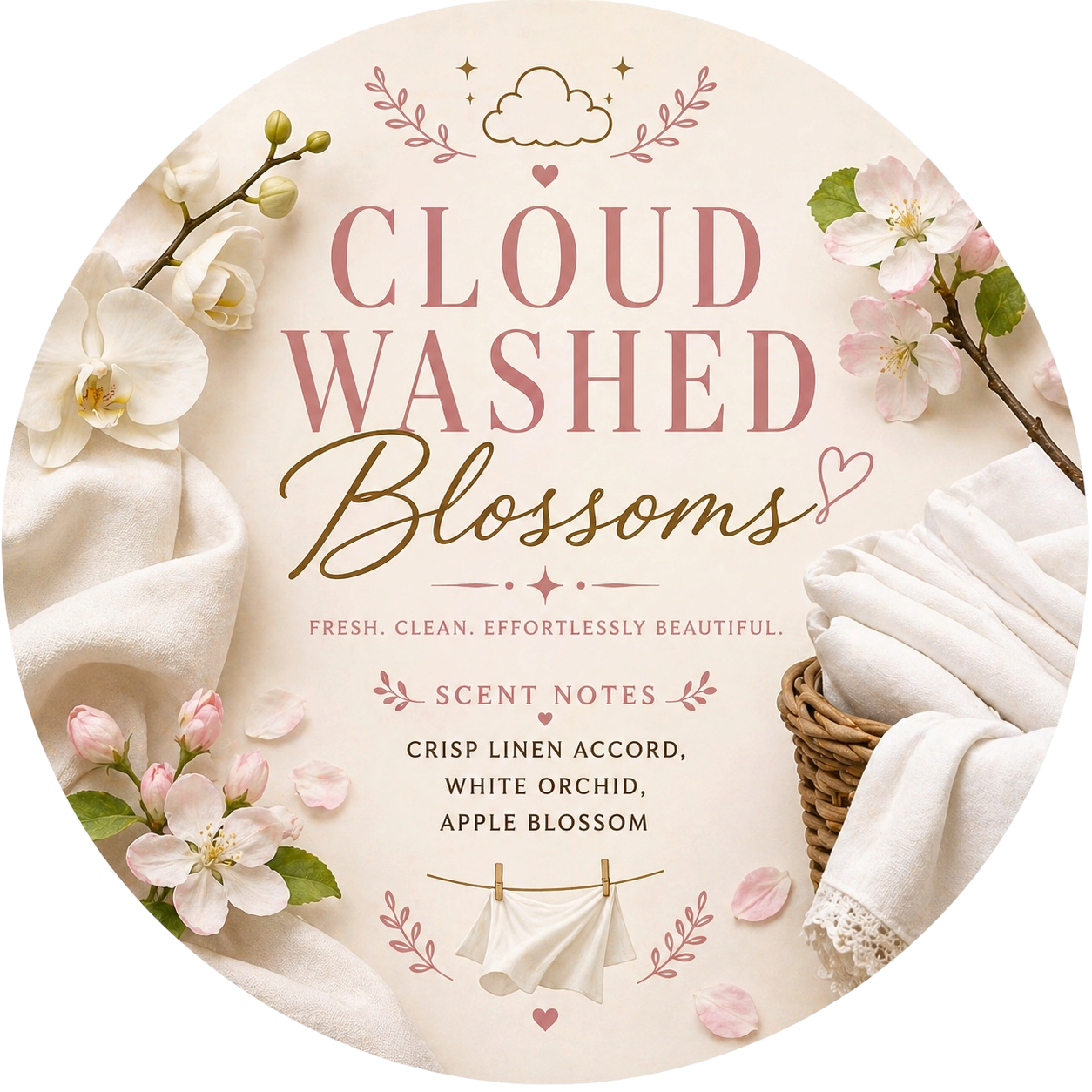 Cloud washed blossoms - Charming Cheshires, crisp linen accord, white orchid, apple blossom