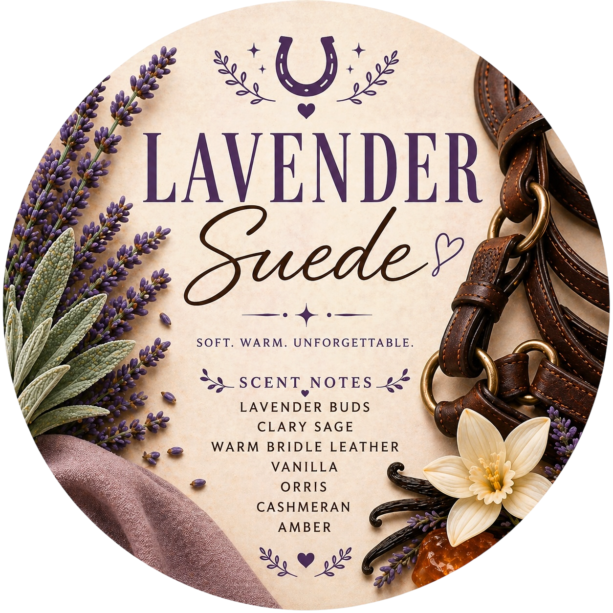 Lavender Suede - Charming Cheshires, lavender, clary sage, warm leather, tonka, vanilla, orris, cashmeran, amber