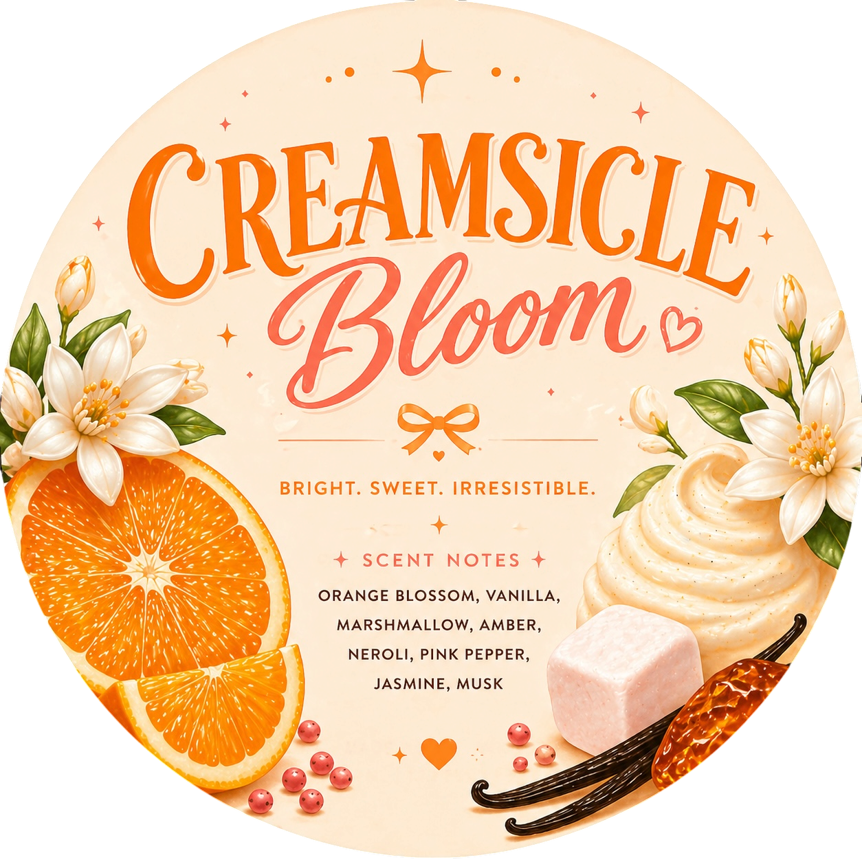 Creamsicle Bloom - Charming Cheshire, orange blossom, vanilla, marshmallow, amber, Neroli, pink pepper, jasmine, musk