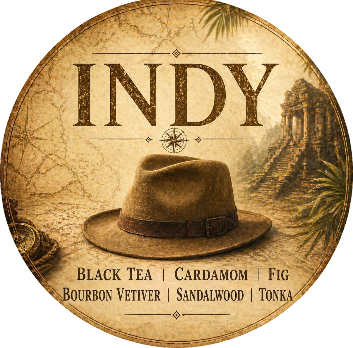 Indy: An Adventure in Scent - Charming Cheshires, Black Tea, Cardamom, Fig, Bourbon Vetiver, Sandalwood, Tonka