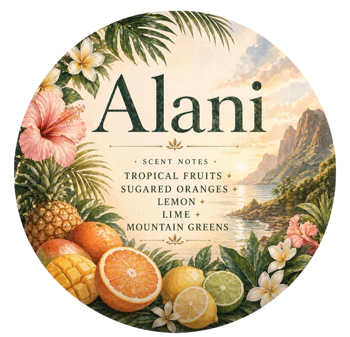 Alani - Charming Cheshires, Tropical Fruits, Sugared Oranges, Lemon, Lime, Mountain Greens