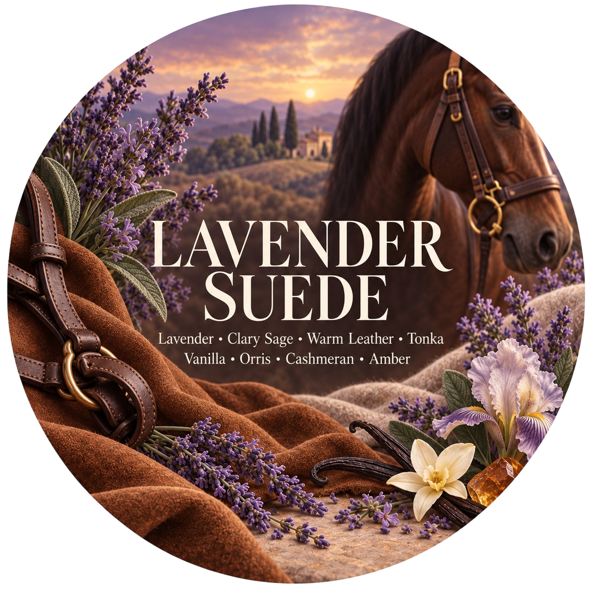 Lavender Suede - Charming Cheshires, lavender, clary sage, warm leather, tonka, vanilla, orris, cashmeran, amber