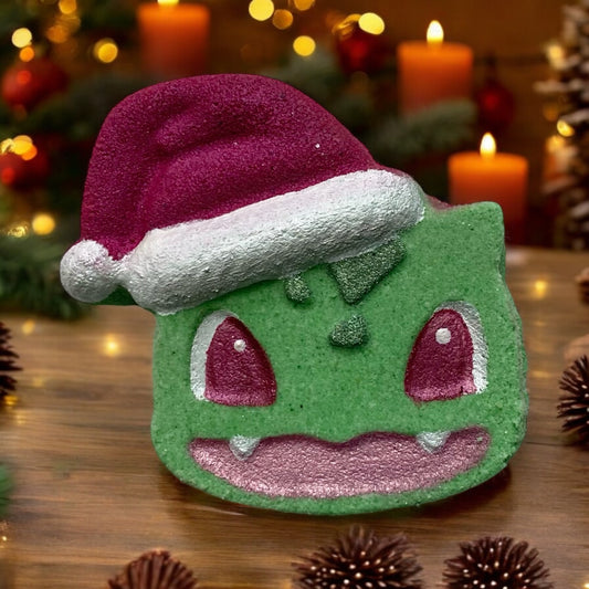 Pokémon prize Santa Bulbasaur bath bomb - Charming Cheshires, toy, Apple Leaves, Petitgrain, Fir Needle, White Cedar, Juniper, Rosemary, Amber, Blue Vetiver