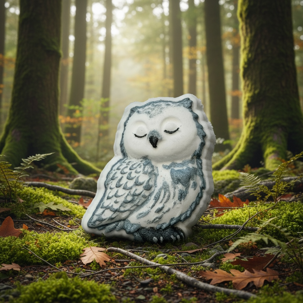 Forest owl charm prize bath bomb - Charming Cheshire, dew, flowers, herbs, grass, rain drops, light earth tones