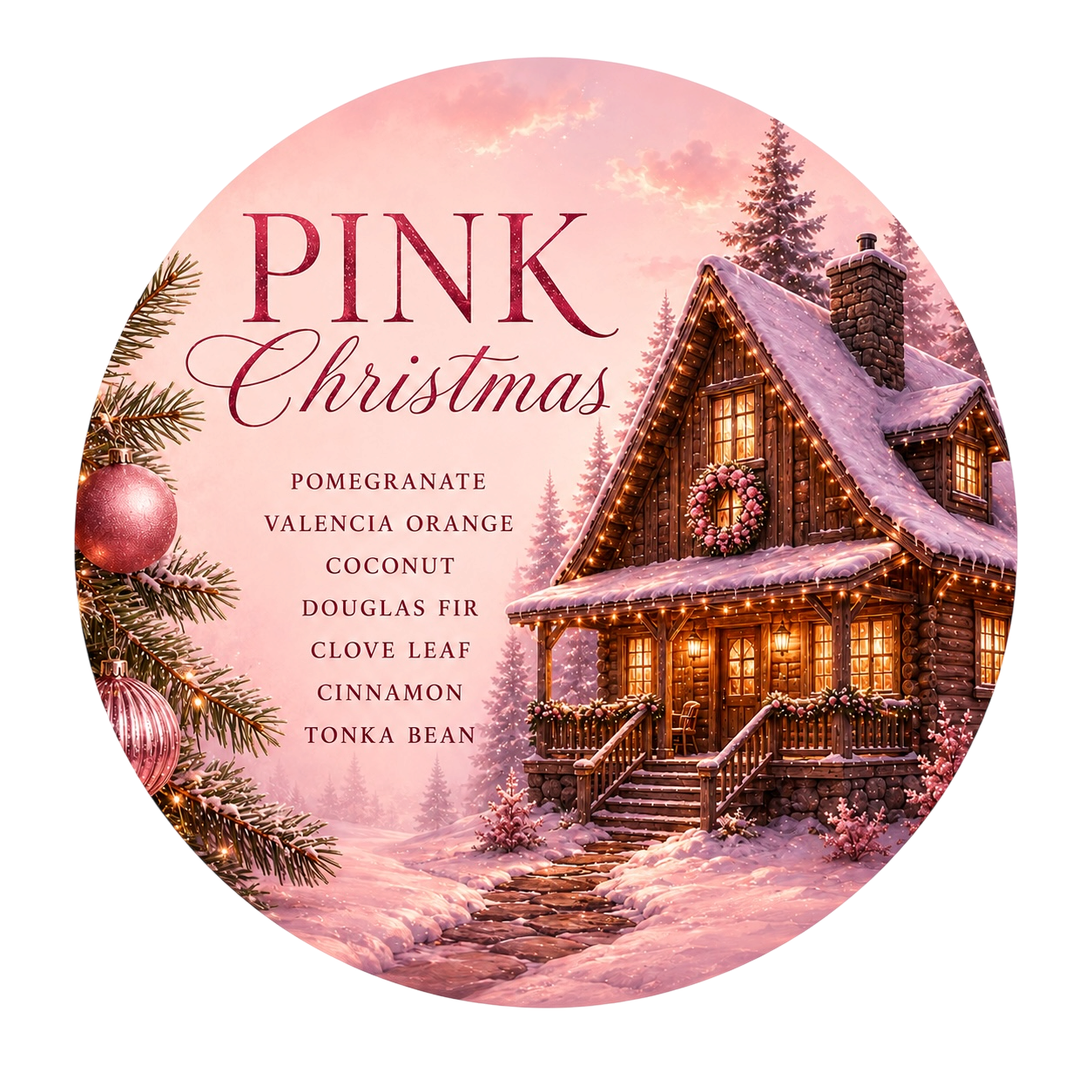 Pink Christmas - Charming Cheshires, pomegranate, valencia orange, coconut, douglas fir, clove leaf, cinnamon, tonka bean