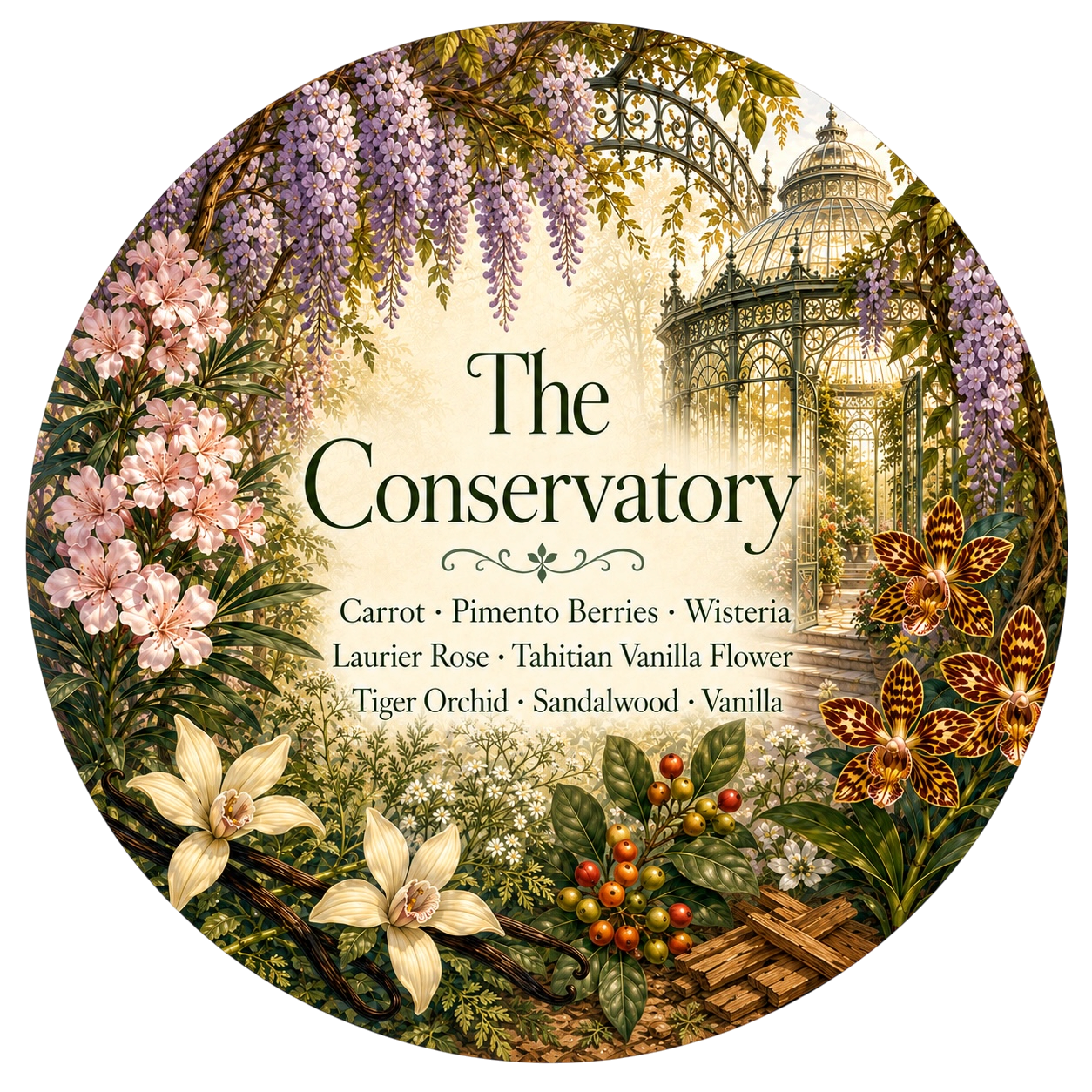 The Conservatory - Charming Cheshires, Carrot, Pimento Berries, Wisteria, Laurier Rose, Tahitian Vanilla Flower, Tiger Orchid, Sandalwood, Vanilla