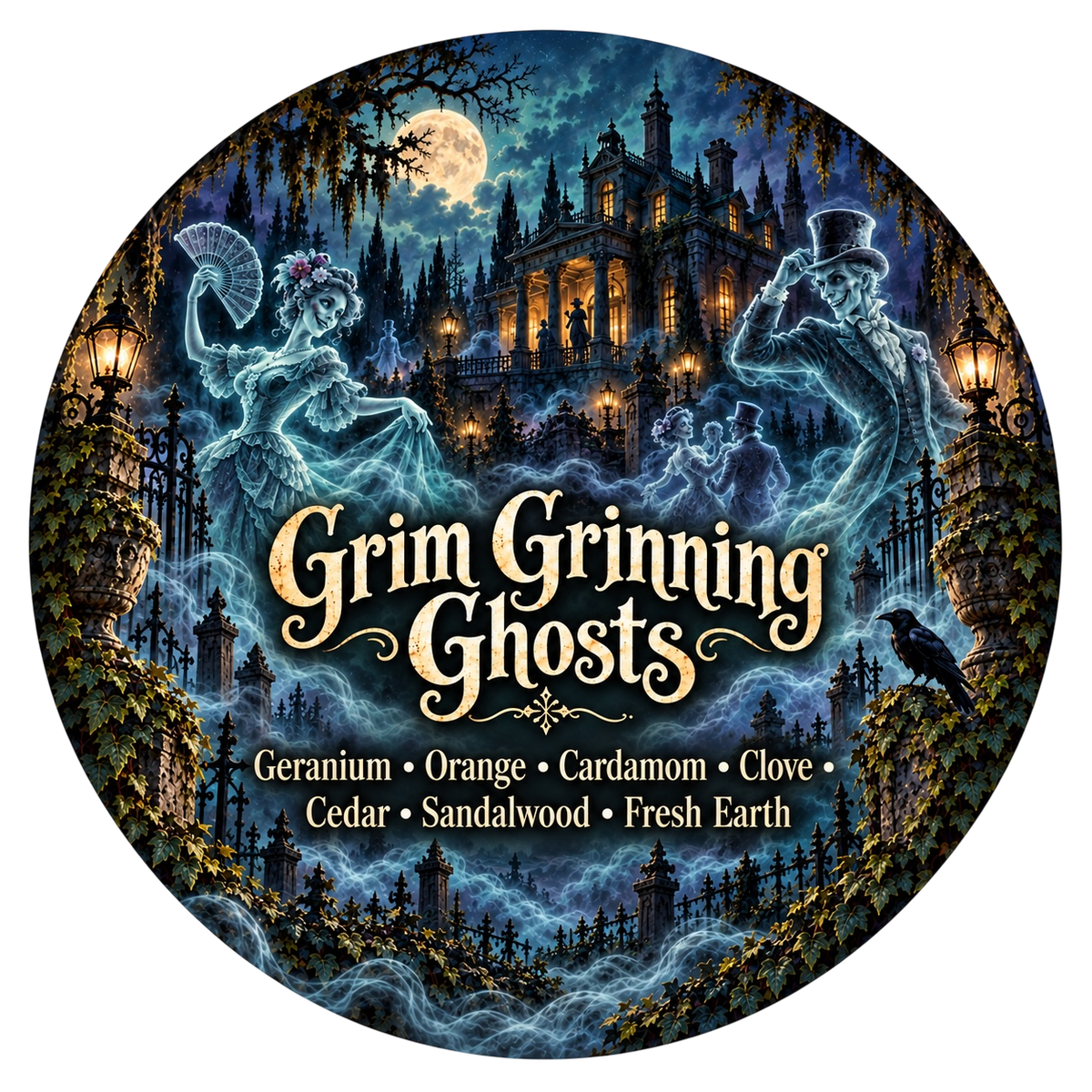 Grim Grinning Ghosts - Charming Cheshires, Geranium, Orange, Cardamom, Clove, Cedar, Sandalwood, Fresh earth