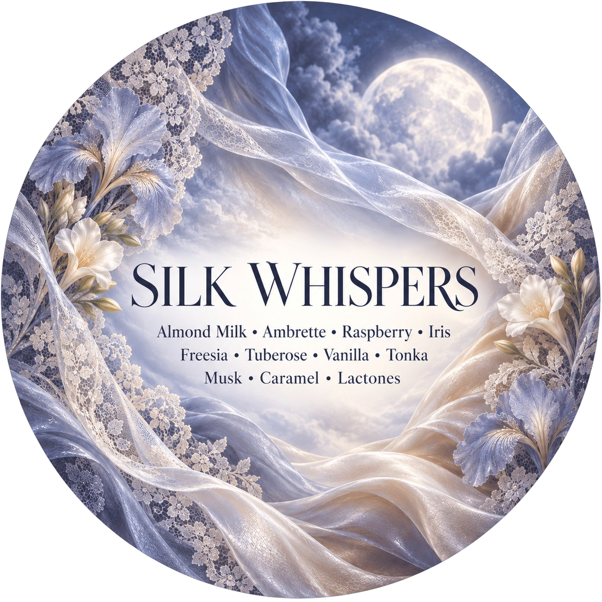 Silk Whispers - Charming Cheshires, Almond Milk, Ambrette, Raspberry, Iris, Freesia, Tuberose, Vanilla, Tonka, Musk, Caramel, Lactones