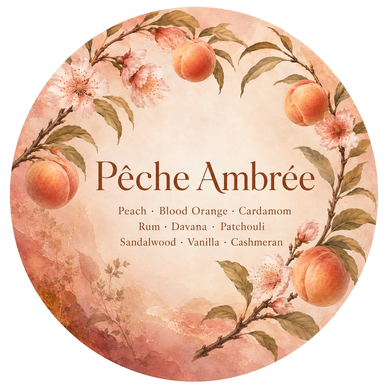 Peche Ambree - Charming Cheshires, Peach, Blood Orange, Cardamom, Rum, Davana, Patchouli, Sandalwood, Vanilla, Cashmeran