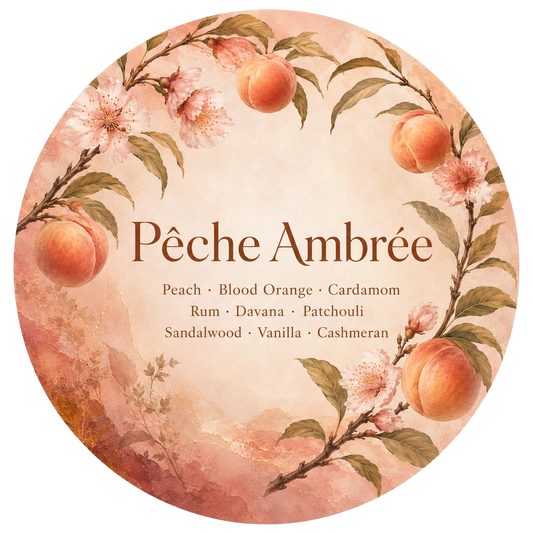 Peche Ambree - Charming Cheshires, Peach, Blood Orange, Cardamom, Rum, Davana, Patchouli, Sandalwood, Vanilla, Cashmeran