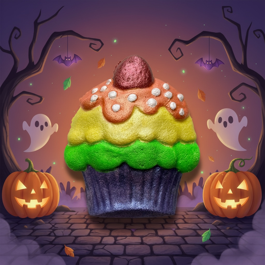 Halloween cupcake charm prize bath bomb - Charming Cheshire, chamomile, sweetgrass, pear, warm amber, cypress, vanilla bean, violet petal
