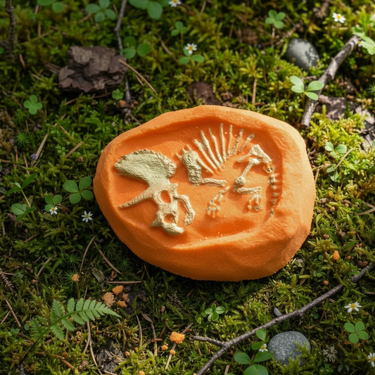 Triceratops skeleton toy prize bath bomb - Charming Cheshire, dinosaur, peach, coconut, violet, orange, vanilla, sugar