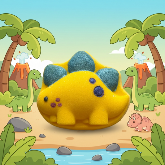 Stegosaurus buddy toy prize bath bomb - Charming Cheshire, lime, orange, sugared blackberry, sparkling champagne