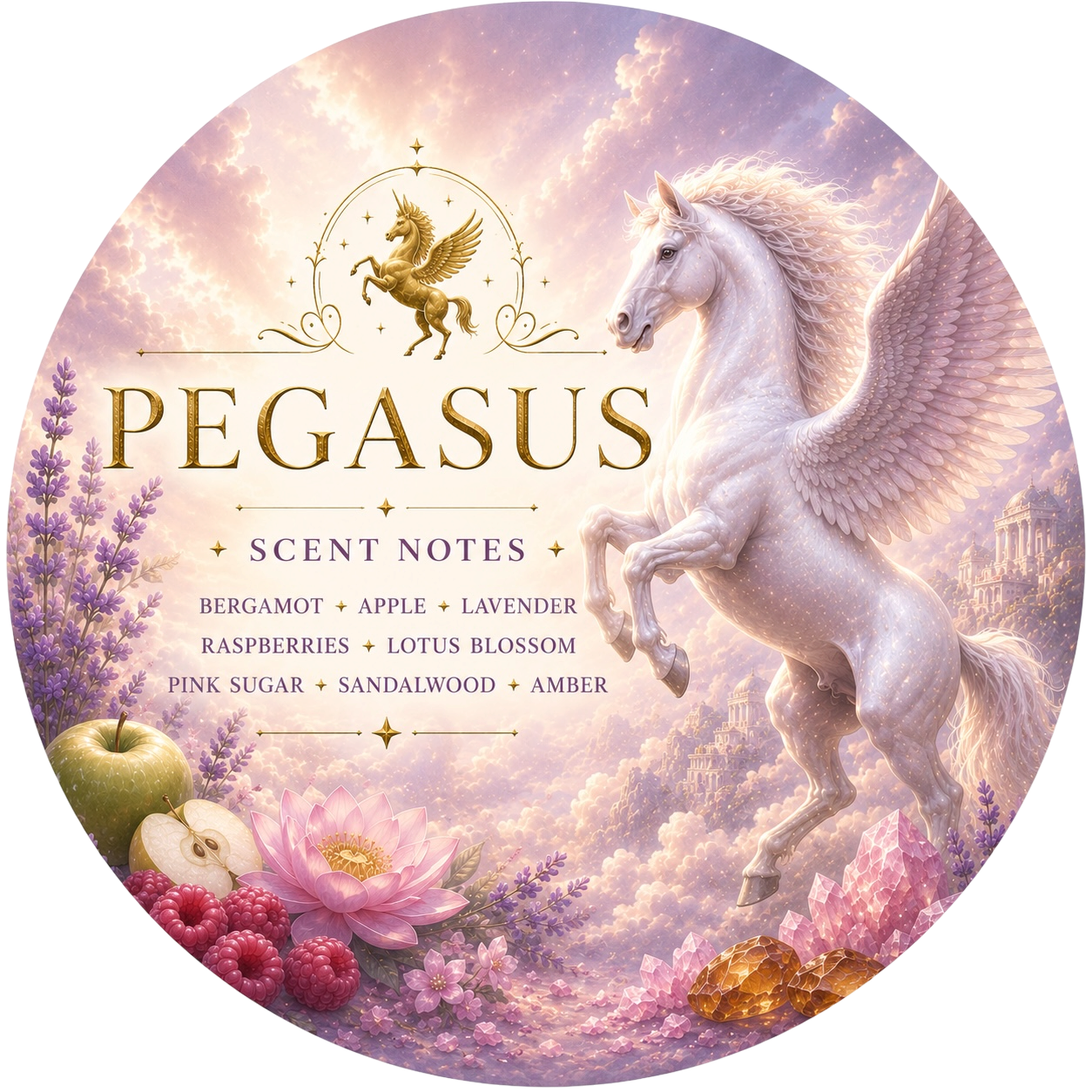 Pegasus - Charming Cheshires, Bergamot, Apple, Lavender Petals, Raspberries, Lotus Blossom, Pink Sugar, Sandalwood, Amber