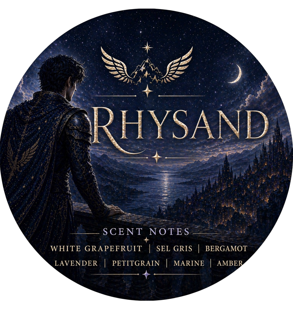 Rhysand: Night Sovereign - Charming Cheshires, White Grapefruit, Sel Gris, Bergamot, Lavender, Petitgrain, Marine, Amber, acotar