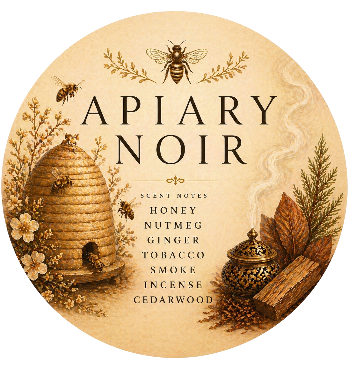 Apiary Noir - Charming Cheshire, honey, nutmeg, ginger, tobacco, smoke, incense, cedarwood