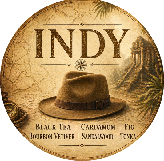 Indy: An Adventure in Scent - Charming Cheshires, Black Tea, Cardamom, Fig, Bourbon Vetiver, Sandalwood, Tonka